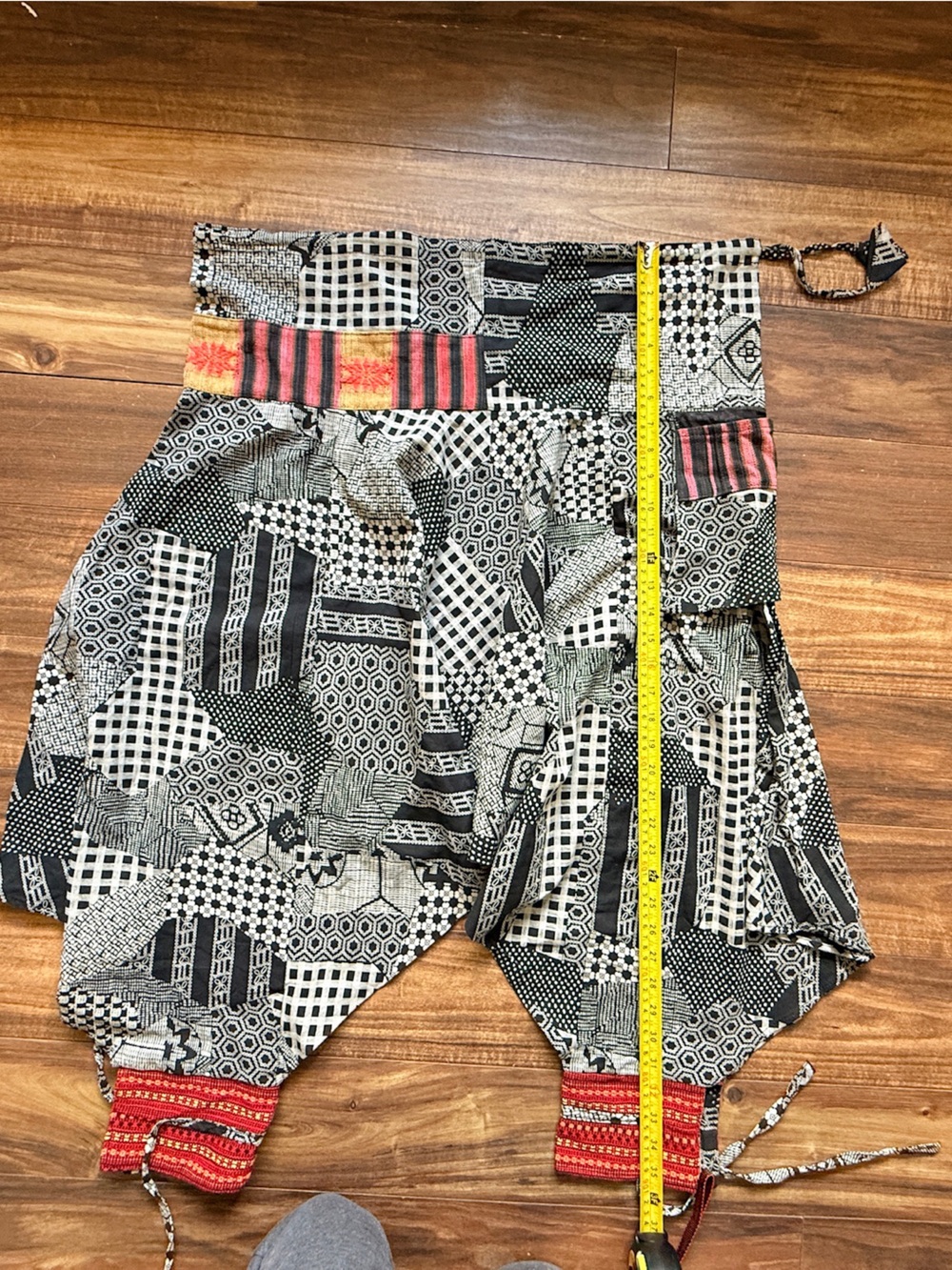 Patchwork tribal  black red white pants tie waist hippy sumo goth Grundge gore